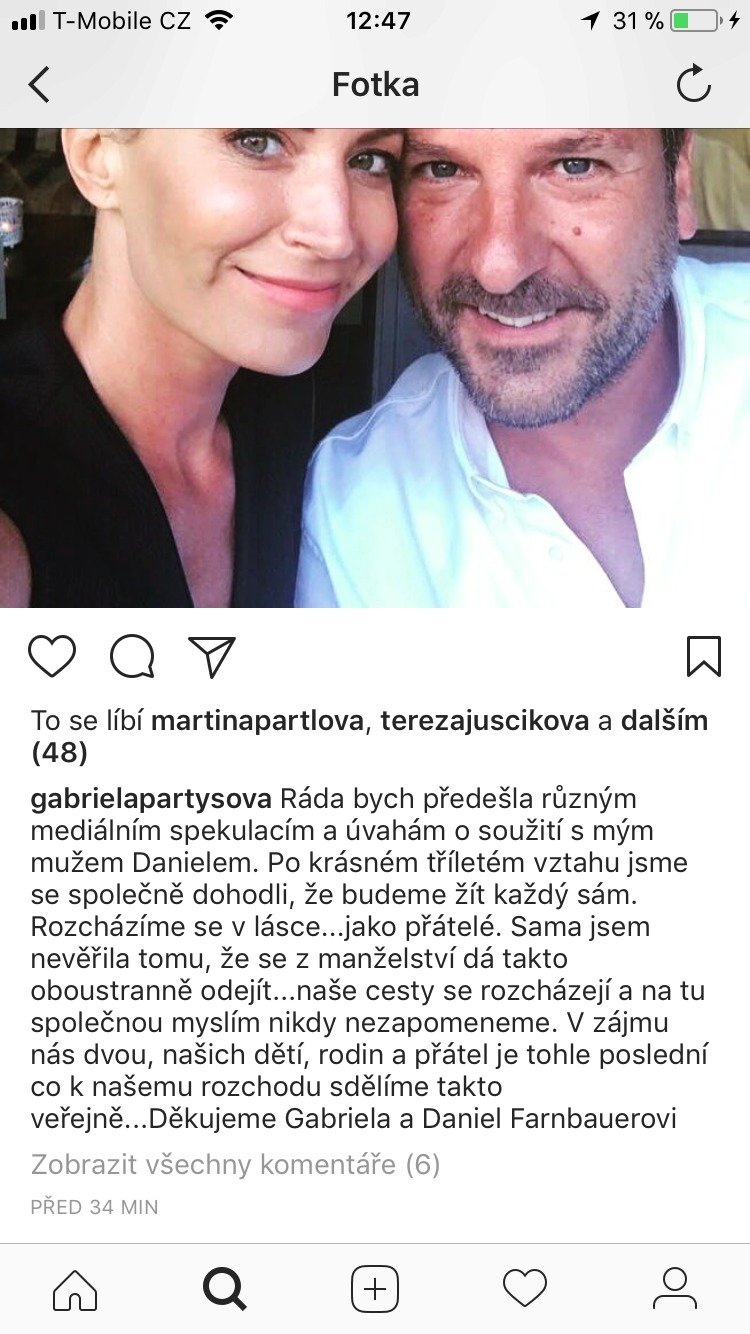Gábina Partyšová potvrdila rozchod s manželem Danielem Farnbauerem.