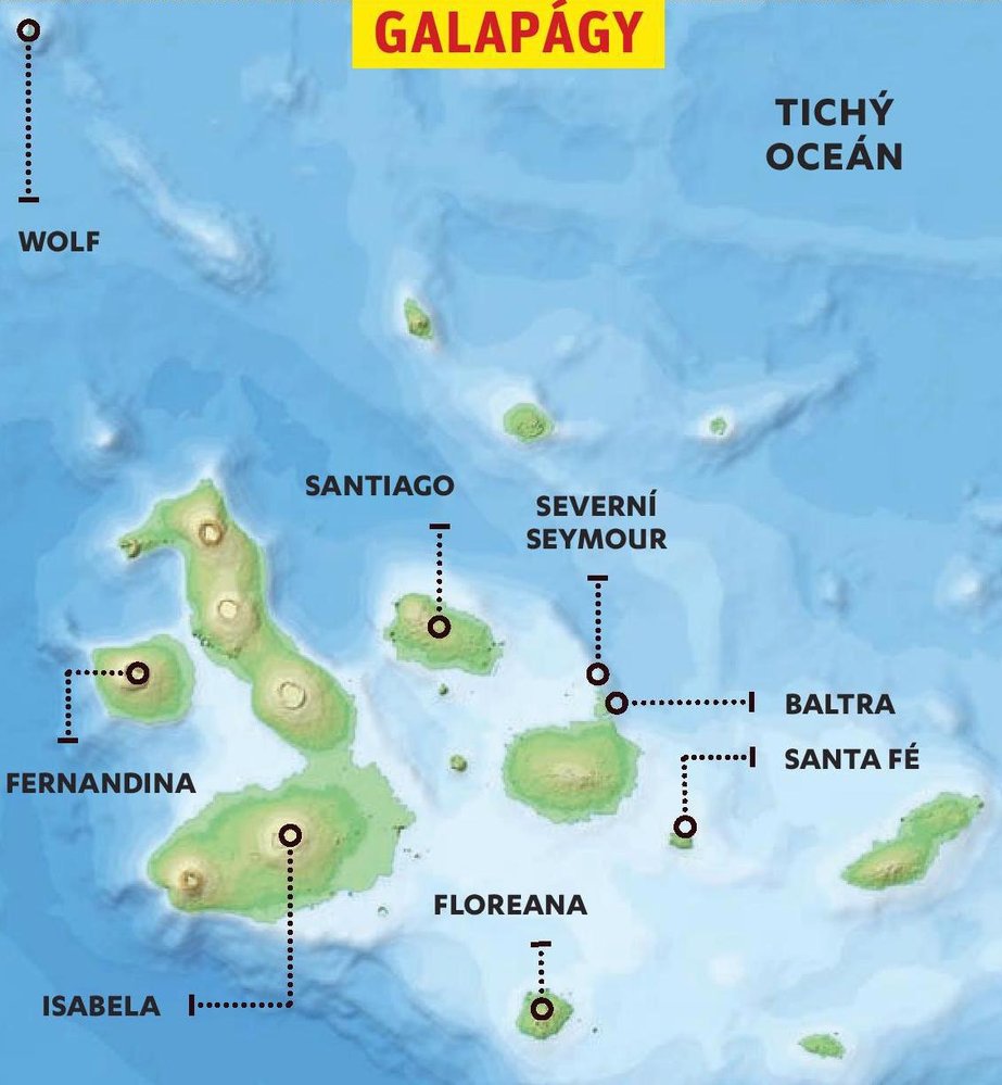 Souostroví Galapágy v Tichém oceánu tvoří 19 hlavních ostrovů a spousta menších ostrůvků a útesů