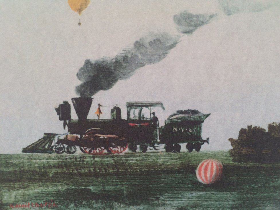 V díle Kamila Lhotáka se snoubí poetičnost s realitou. Nezřídka do popředí vyvstává nějaký technický prvek. Často rád zachycoval vzducholodě, letadla nebo balóny.