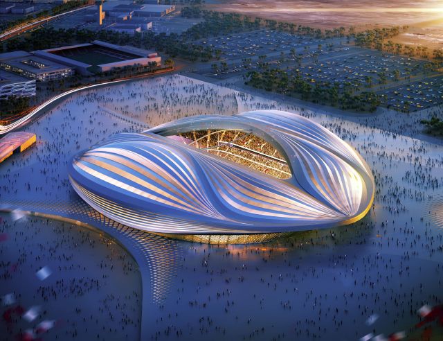 Vizualizace fotbalového stadionu, který měl vzniknout v Kataru. Připomíná ženskou vagínu.