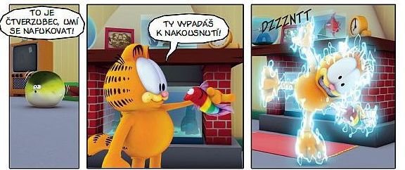 Garfield se předvádí v plné oranžové parádě.