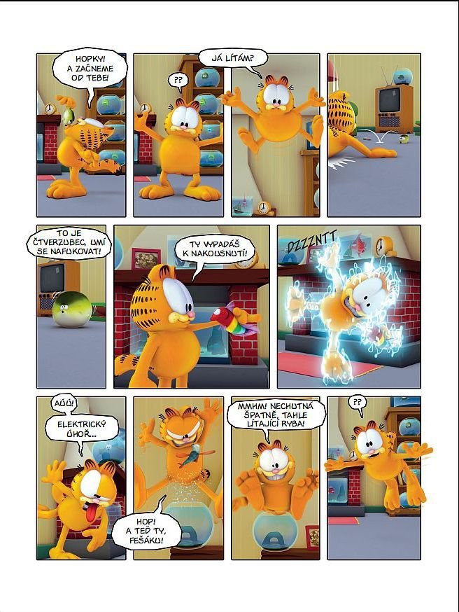 Garfield se předvádí v plné oranžové parádě.