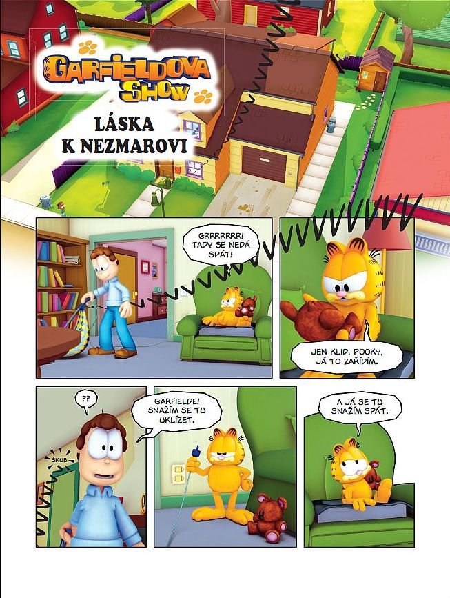 Garfield se předvádí v plné oranžové parádě.