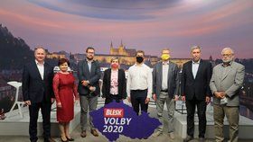 Debata Blesku o školství: Zleva Petr Gazdík (STAN), Alena Nohavová (KSČM), Jiří Nantl (ODS), Jana Mračková Vildumetzová (ANO), Jiří Snížek (Piráti), Pavel Bělobrádek (KDU-ČSL), Pavel Klíma (TOP 09) a Josef Jadrný (ČSSD) (17. 9. 2020)
