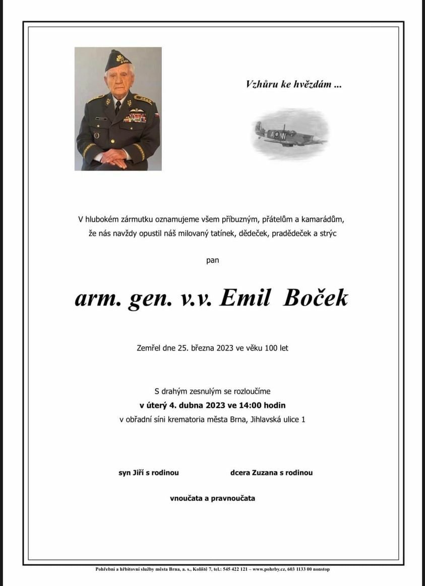Generál Emil Boček zemřel 25.března, měsíc po svých 100. narozeninách