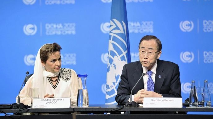 Generální tajemník OSN Pan Ki-mun a šéfka UNFCCC Christiana Figueres