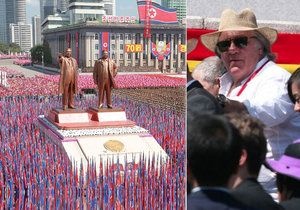 Francouzský herec Gerard Depardieu se přiletěl do KLDR podívat na oslavy 70. výročí vzniku země.