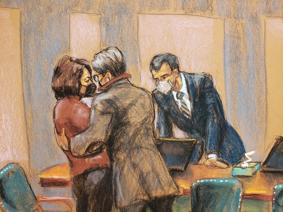 Ghislaine Maxwellová u soudu - skica.
