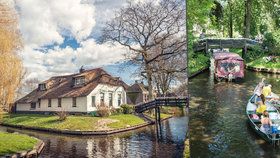 Nizozemské městečko Giethoorn se obejde bez silnic. Místní i turisté se přepravují loděmi.