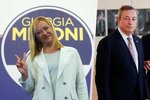Vítězka italských voleb Giorgia Meloniová. Vpravo Mario Draghi a Emmanuel Macron v Praze