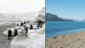 Muirův ledovec na Ajlašce kolem roku 1890 a v roce 2005. Masivní tání je znát.