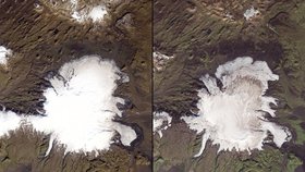 Islandský ledovec Myrdalsjökull dokazuje masivní tání mezi lety 1986 a 2014.