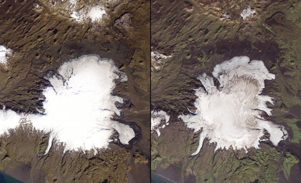 Islandský ledovec Myrdalsjökull dokazuje masivní tání mezi lety 1986 a 2014.