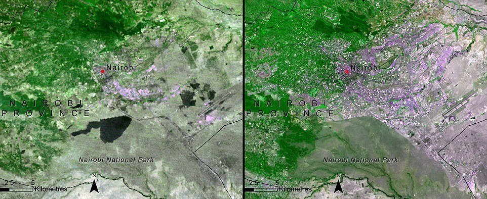 Nairobi v Keni bylo založeno v roce 1906. Fotky z roku 1976 a 2005 dokazují, jak město rychle expanduje.