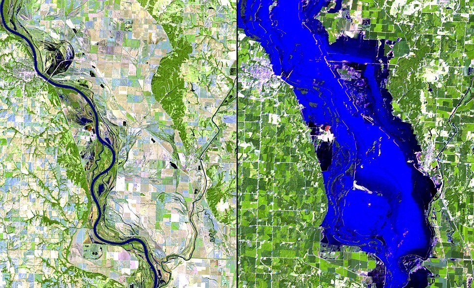 Město Hamburg v Iowě utrpělo velké ztráty při povodni. Na snímcích v letech 2010 a 2011.