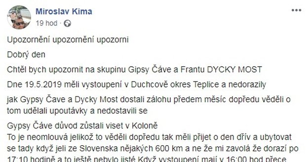 Pořadatel akce Miroslav Kima si na facebooku stěžuje na Zdeňka Godlu.
