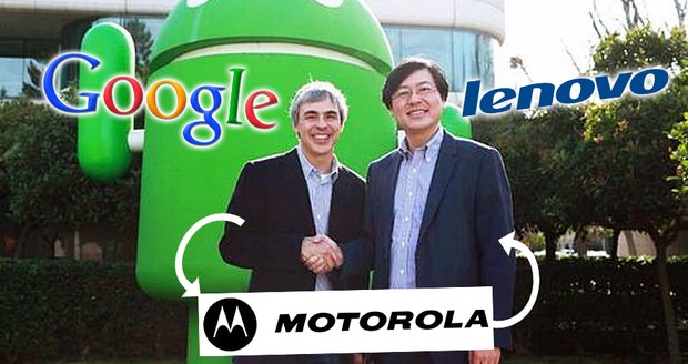 Larry Page, šéf Googlu, a Yang Yuanqing, výkonný ředitel Lenova, si třesou pravicí po uzavření obchodu. 