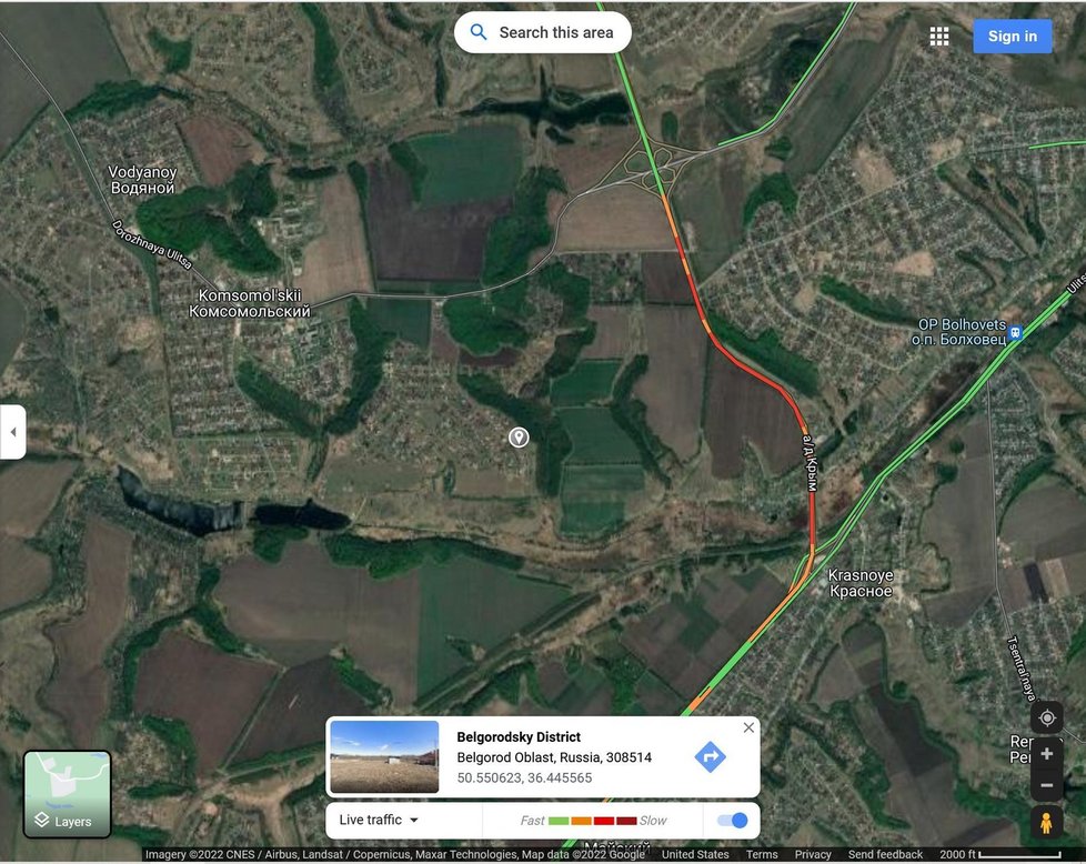 Google Mapy odhalily &#34;dopravní zácpu&#34; těsně před vnikem ruského konvoje na ukrajinské území
