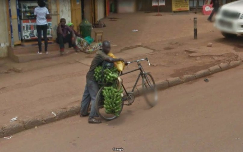 Úlovky z Google Street View: Google Street View napoví, kolik se dá uvézt banánů na kole.