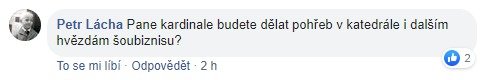 Reakce sledujících na facebookový příspěvek kardinála Duky týkající se pohřbu Karla Gotta se státními poctami.