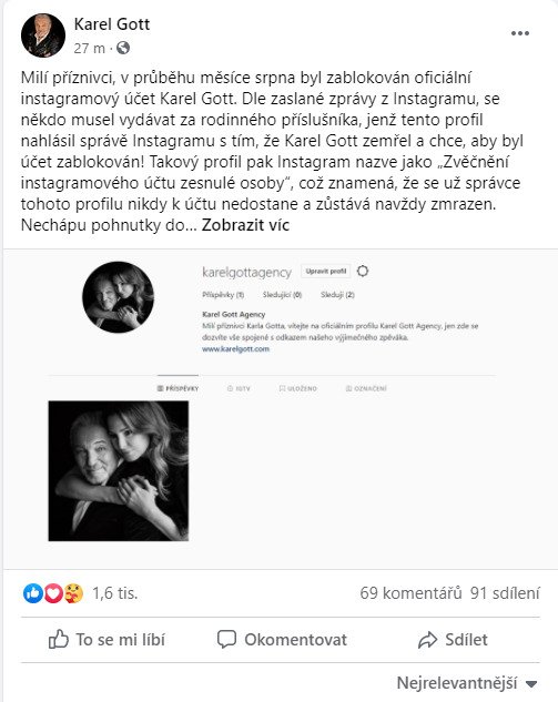 Ivana Gottová na Facebooku upozornila na nepříjemnou situaci. Se jménem Karla Gotta založila nový instagramový profil.