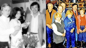 Karel Gott vlevo jako nuhodný host na svatbě (1979), vpravo na návštěvě v ČKD (1989)