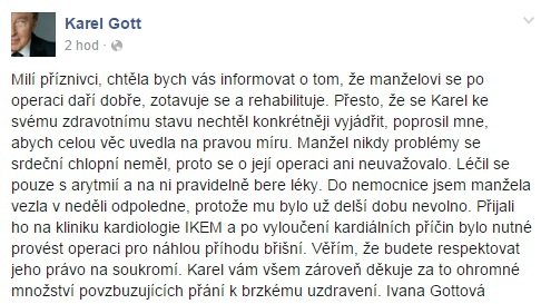 Vyjádření Ivany Gottové ke zdravotnímu stavu Karla Gotta.