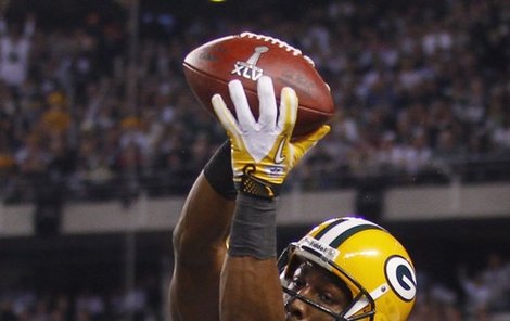 Touchdown! Greg Jennings z Green Bay Packers jej pokládá podruhé v zápase a rozhoduje o výhře svého týmu.
