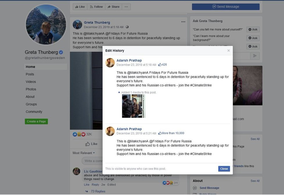 Příspěvky na oficiální facebook Grety Thunbergové byly vkládány účtem jejího otce a indického klimatického aktivisty. Odhalila to chyba facebooku