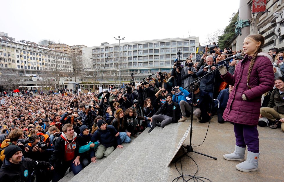 Greta Thunbergová, švédská aktivistka, během protestů ve Švýcarsku (17.1.2020)