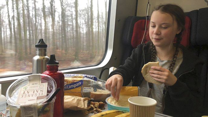 Greta Thunbergová ve vlaku na cestě do Davosu zdokumentovala, jak se stravuje.