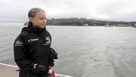 Mladá švédská aktivistka Greta Thunbergová po 14 dnech na moři dosáhla se svou posádkou newyorského Manhattanu (28. 8. 2019).