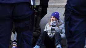 Klimatická aktivistka Greta Thunbergová se účastní protestu před švédským parlamentem ve Stockholmu. Zasáhla policie.