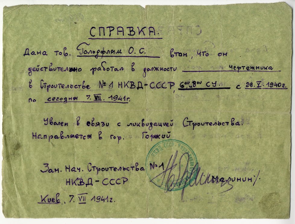 Autentický dokument, potvrzení z továrny, kde pracoval Otto Goldflam.