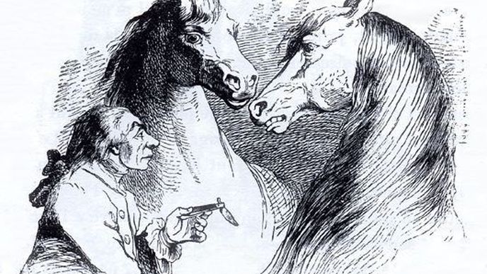 Knižní ilustrace vyobrazující setkání Gullivera s moudrými koňmi Hvajninimy ze satirické knihy Gulliverovy cesty. Knižní ilustrace vyobrazující setkání Gullivera s moudrými koňmi Hvajninimy ze satirické knihy Gulliverovy cesty.