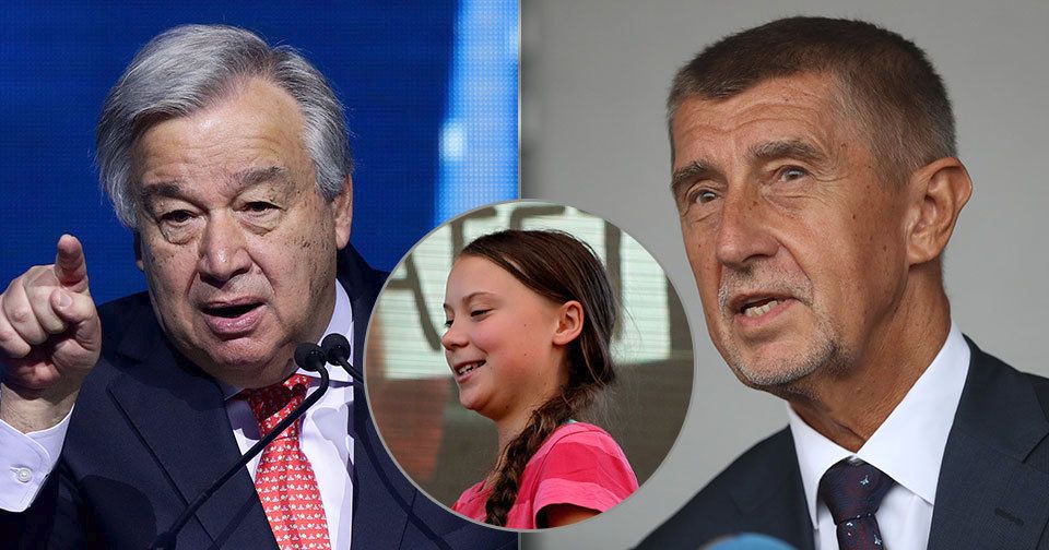 Účastníky klimatického summitu v září 2019 jsou António Guterres, Greta Thunbergová a za Česko Andrej Babiš