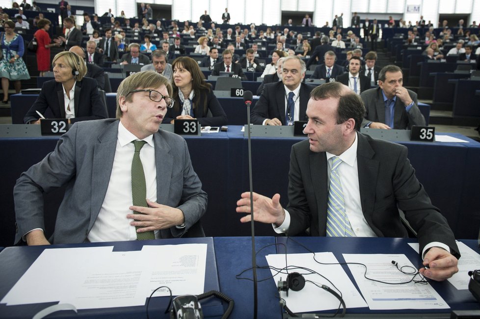 Guy Verhofstadt (vlevo), předseda frakce ALDE, při zasedání