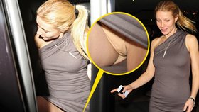 Alkoholem opojená Gwyneth Paltrow vychází z hotelového baru. Při nasedání do auta si neuhlídala šedivé minišaty, které se jí vykasaly tak, že byly vidět její kalhotky tělové barvy