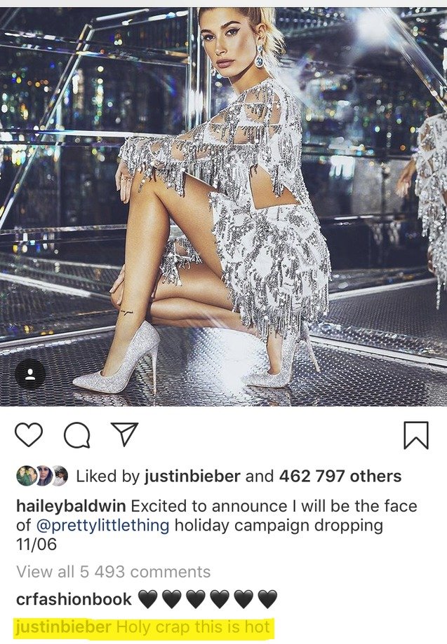 Justin Bieber slintal nad fotkou své manželky Hailey na instagramu.