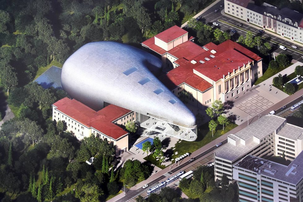 Pohled na novou koncertní halu v Ostravě z výšky. Připomíná kosmickou loď a bude propojená se stávající historickou budovou