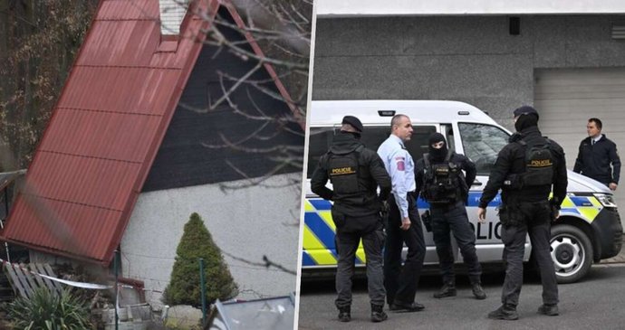Chalupa, ve které byl držen unesený Marek, a policisté.