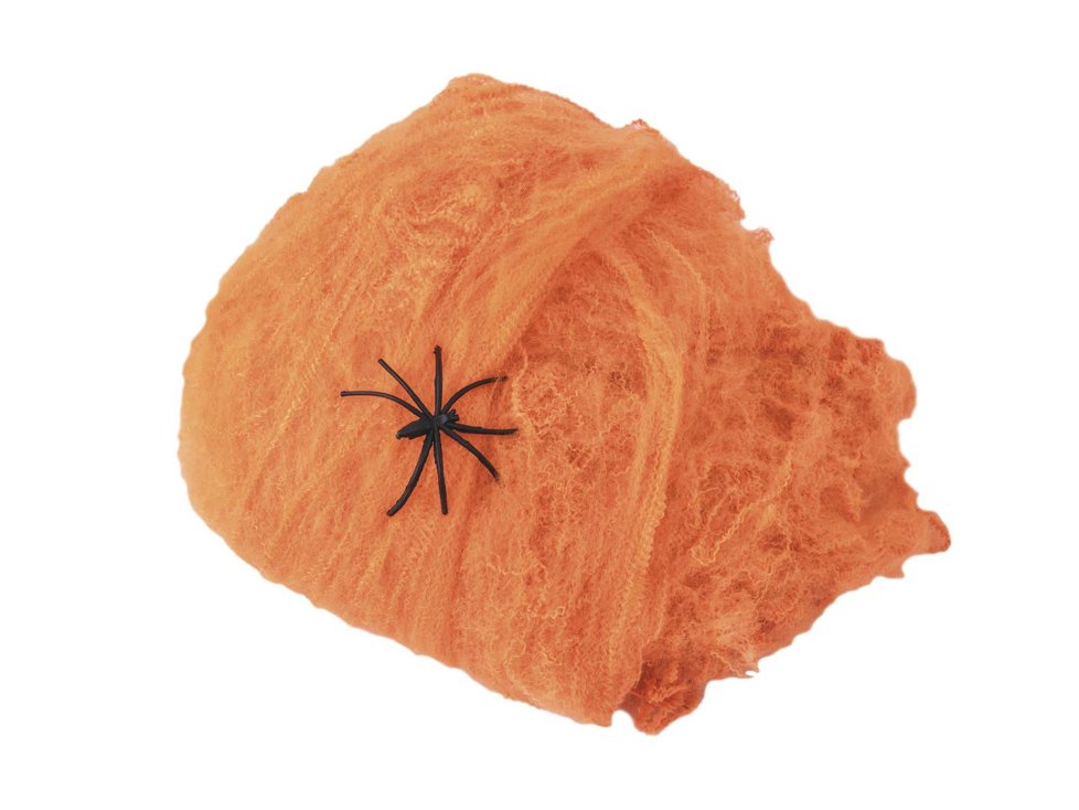 Umělá pavučina vč. dvou pavouků oranžová UV aktivní 50 g, e-halloween.cz, 100 Kč