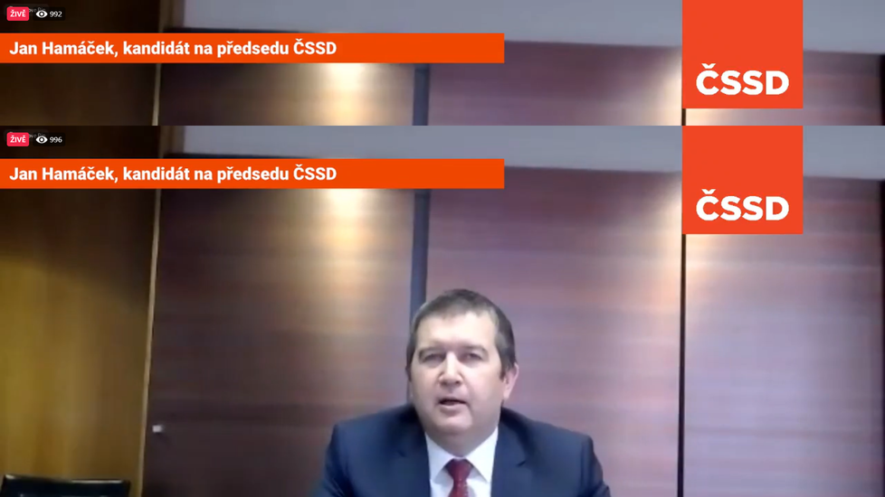 „Já nás do té Sněmovny dovedu,“ řekl Jan Hamáček v kandidátském projevu na předsedu ČSSD (9. 4. 2021).