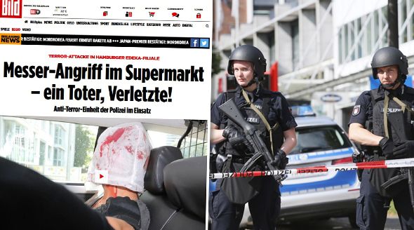 V německém Hamburku došlo k útoku v supermarketu, policie pachatele dopadla. Jeho fotku z policejního auta zveřejnil deník Bild.