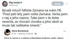 Novinář Filip Horký upozornil na příspěvek bývalé mluvčí prezidenta Miloše Zemana. Ta svá slova následně z Facebooku odstranila.