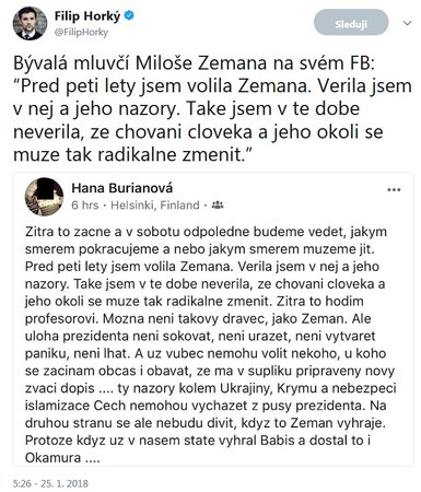 Novinář Filip Horký upozornil na příspěvek bývalé mluvčí prezidenta Miloše Zemana. Ta svá slova následně z Facebooku odstranila.