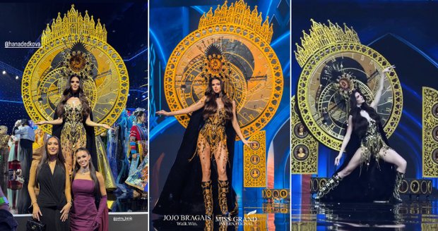 Hana Dědková v kostýmu orloje na Miss Grand