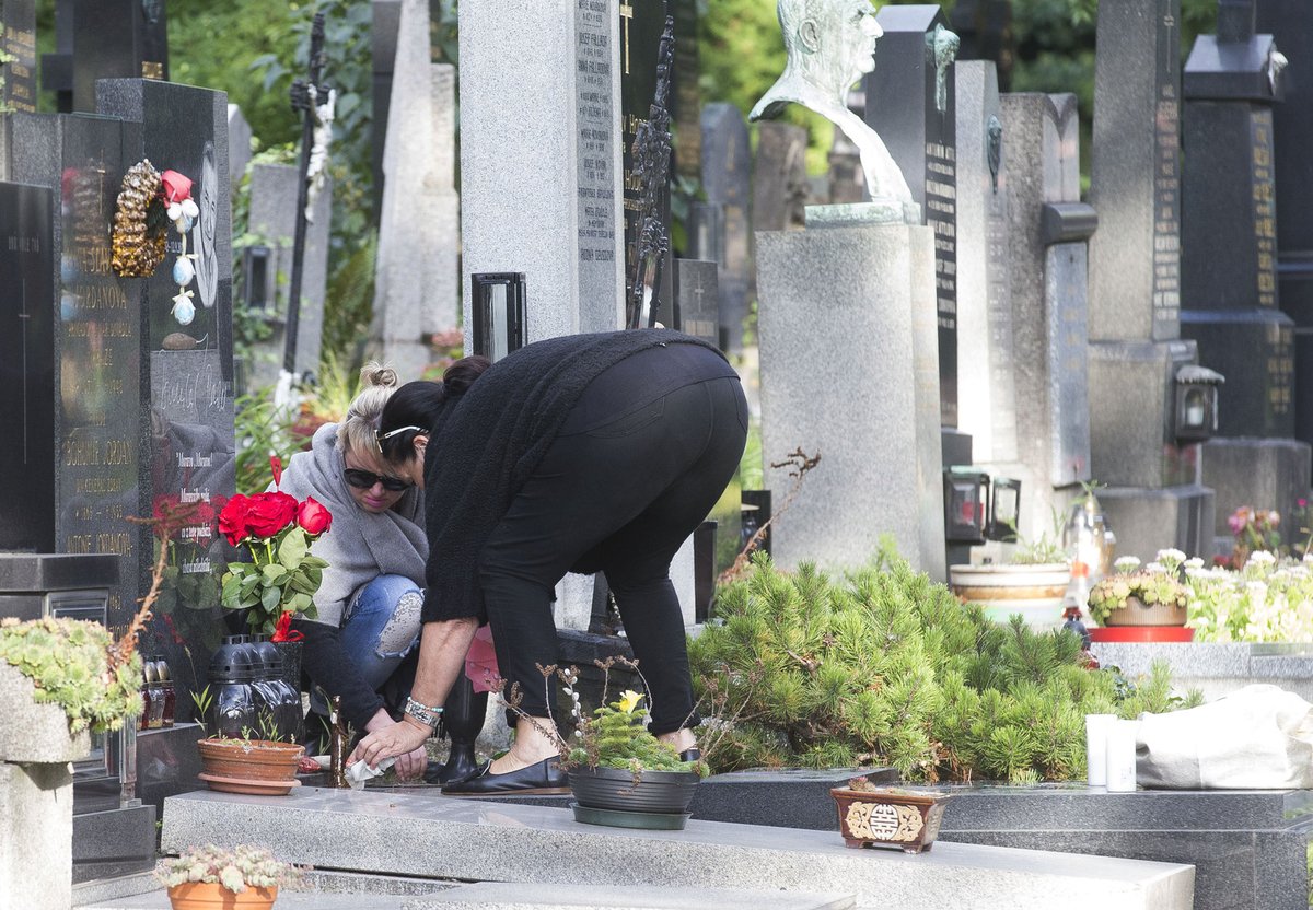 Hana Gregorová u hrobu Radka Brzobohatého v den výročí jeho smrti