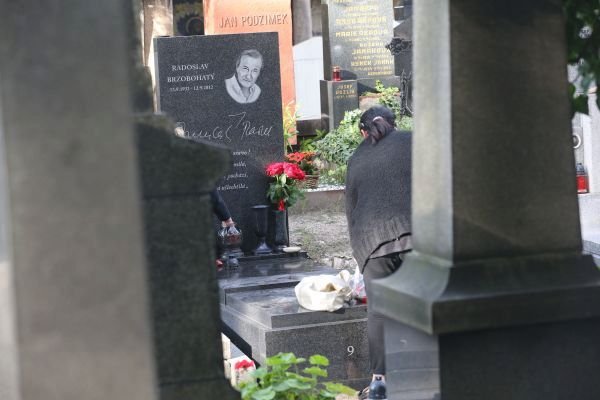 Vdova Hana Gregorová u hrobu Radka Brzobohatého v den výročí jeho smrti.