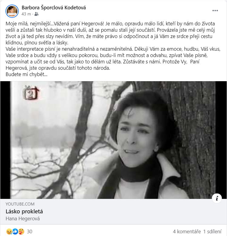 Barbora Kodetová reaguje na smrt Hany Hegerové.